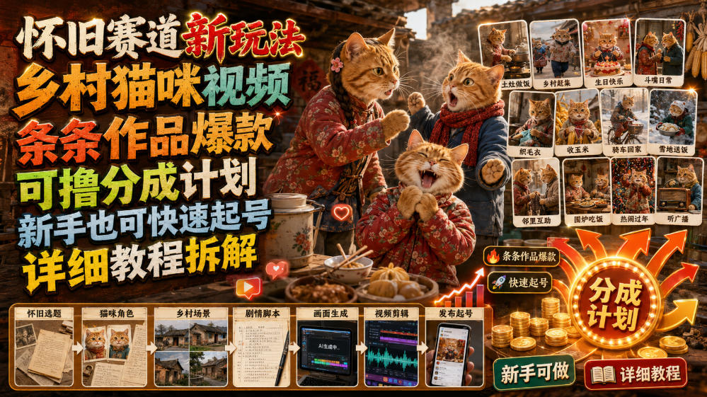 怀旧赛道新玩法,乡村猫咪视频,条条作品爆款,可撸分成计划,新手也可快速起号,详细教程拆解网络赚钱,项目资源网,副业资源网,兼职项目,网赚课程-副业赚钱-互联网创业-独家轻创IP大圣网创