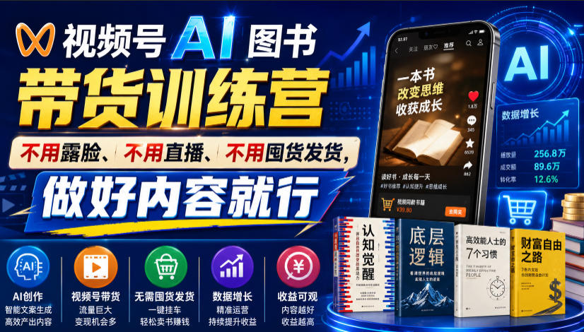 视频号AI图书带货训练营,不用露脸、不用直播、不用囤货发货,做好内容就行,一条爆款视频佣金8942网络赚钱,项目资源网,副业资源网,兼职项目,网赚课程-副业赚钱-互联网创业-独家轻创IP大圣网创