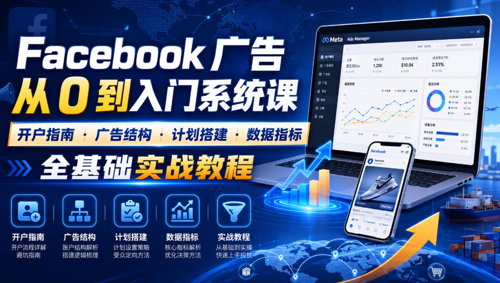 Facebook广告新手从0到入门系统课|开户指南・广告结构・计划搭建・数据指标全基础实战教程网络赚钱,项目资源网,副业资源网,兼职项目,网赚课程-副业赚钱-互联网创业-独家轻创IP大圣网创