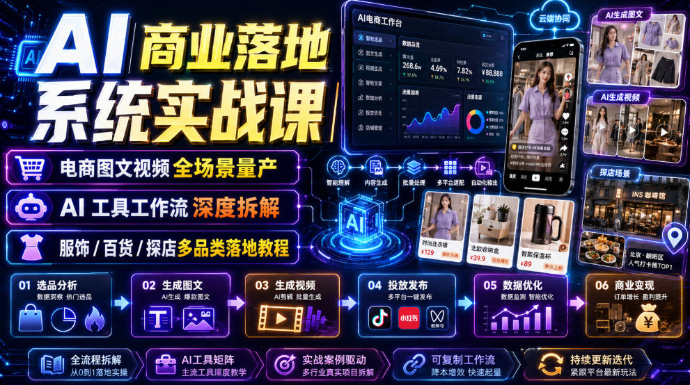 AI商业落地系统实战课｜电商图文视频全场景量产・AI工具工作流深度拆解・服饰/百货/探店多品类落地教程网络赚钱,项目资源网,副业资源网,兼职项目,网赚课程-副业赚钱-互联网创业-独家轻创IP大圣网创