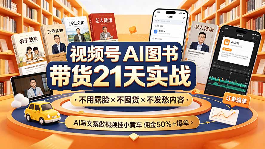 视频号AI图书带货21天实战：不用露脸×不囤货×不发愁内容，AI写文案做视频挂小黄车，佣金50%+爆单网络赚钱,项目资源网,副业资源网,兼职项目,网赚课程-副业赚钱-互联网创业-独家轻创IP大圣网创