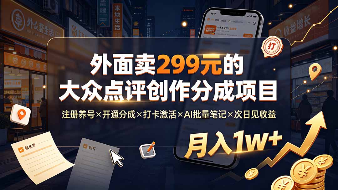 外面卖299元的大众点评创作分成项目:注册养号×开通分成×打卡激活×AI批量笔记×次日见收益,月入1w+网络赚钱,项目资源网,副业资源网,兼职项目,网赚课程-副业赚钱-互联网创业-独家轻创IP大圣网创