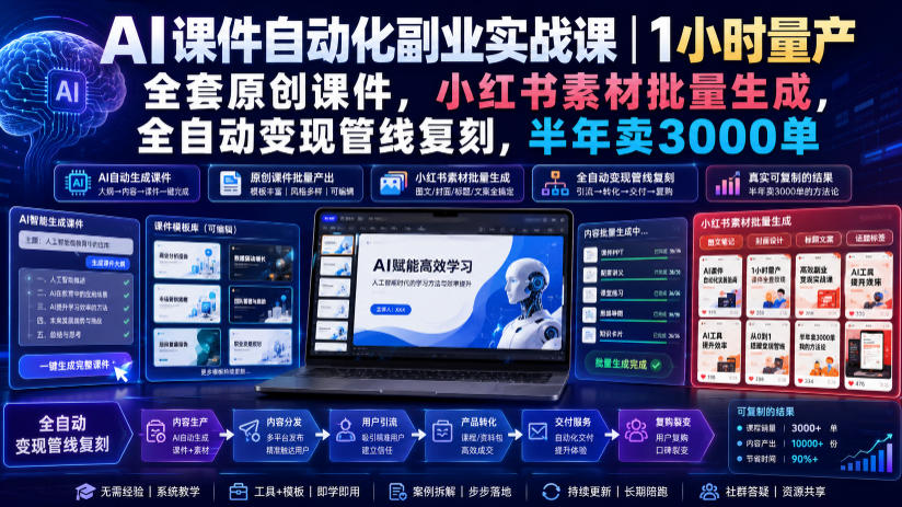 AI课件自动化副业实战课|1小时量产全套原创课件,小红书素材批量生成,全自动变现管线复刻,半年卖3000单网络赚钱,项目资源网,副业资源网,兼职项目,网赚课程-副业赚钱-互联网创业-独家轻创IP大圣网创