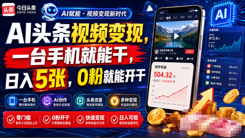 AI头条视频变现，一台手机就能干，日入5张，0粉就能开干网络赚钱,项目资源网,副业资源网,兼职项目,网赚课程-副业赚钱-互联网创业-独家轻创IP大圣网创