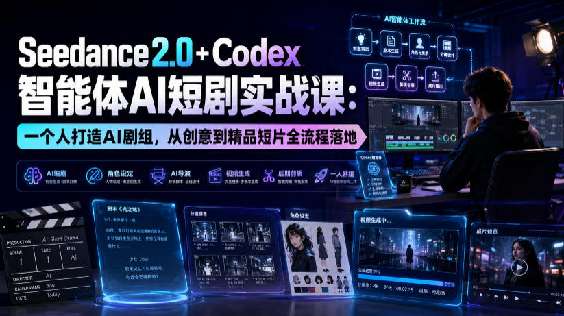 Seedance2.0+Codex智能体AI短剧实战课:一个人打造AI剧组,从创意到精品短片全流程网络赚钱,项目资源网,副业资源网,兼职项目,网赚课程-副业赚钱-互联网创业-独家轻创IP大圣网创