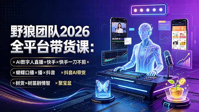 野狼团队2026全平台带货课-7月:AI数字人直播×快手一刀不剪×蝴蝶口播×抖音AI带货×树苗剧情智剪×聚宝盆网络赚钱,项目资源网,副业资源网,兼职项目,网赚课程-副业赚钱-互联网创业-独家轻创IP大圣网创