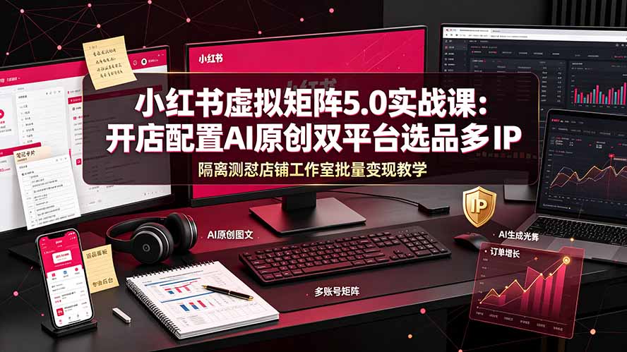 小红书虚拟矩阵5.0实战课：开店配置｜AI原创｜双平台选品｜多IP隔离｜测怼店铺工作室批量变现实操教学网络赚钱,项目资源网,副业资源网,兼职项目,网赚课程-副业赚钱-互联网创业-独家轻创IP大圣网创