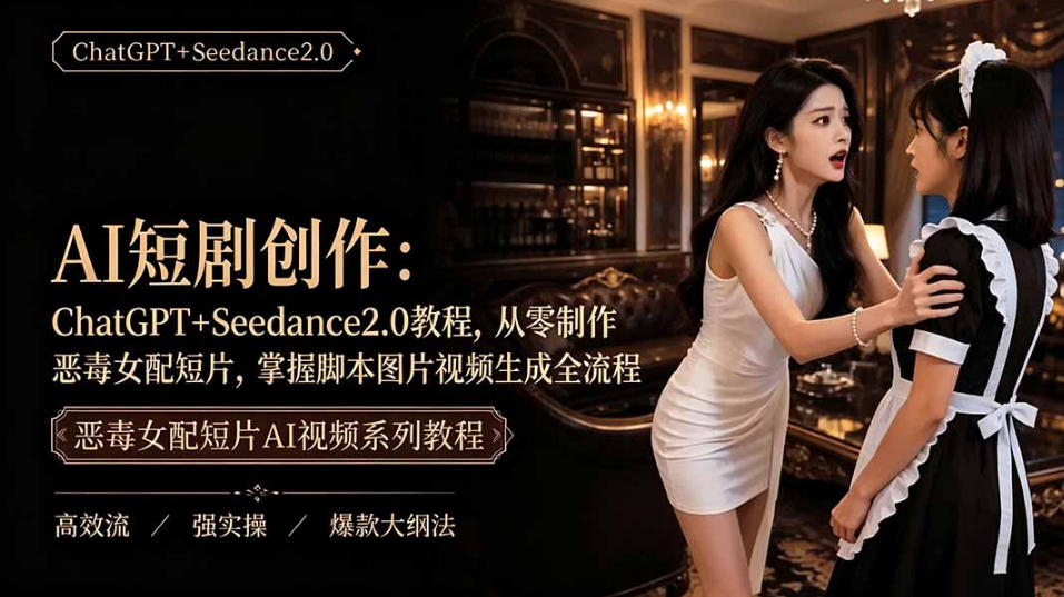 AI短剧从零创作实战课｜ChatGPT脚本撰写+Seedance2.0视频生成，恶毒女配短剧全流程教程网络赚钱,项目资源网,副业资源网,兼职项目,网赚课程-副业赚钱-互联网创业-独家轻创IP大圣网创