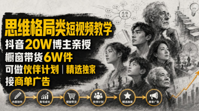 人性思维格局类短视频教学，抖音20W博主亲授，橱窗带货6W件，可做伙伴计划、精选独家、接商单广告网络赚钱,项目资源网,副业资源网,兼职项目,网赚课程-副业赚钱-互联网创业-独家轻创IP大圣网创