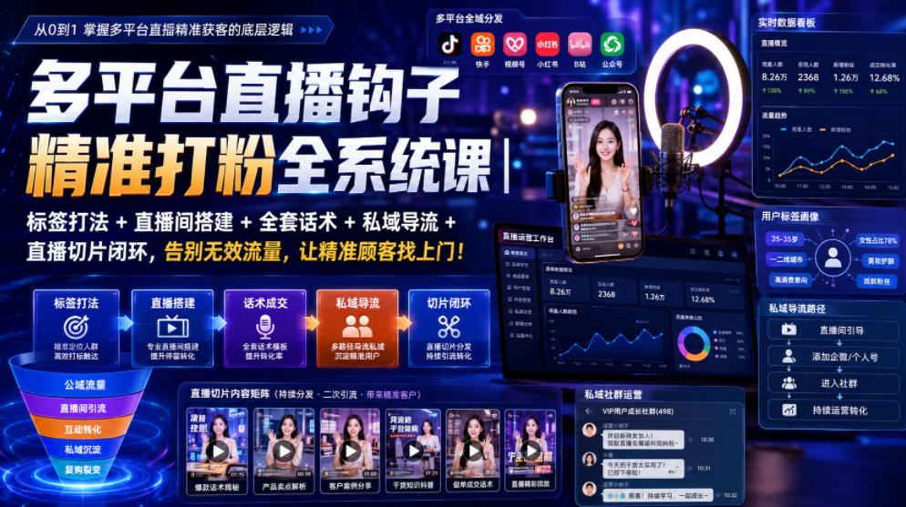 多平台直播钩子精准打粉全系统课｜标签打法+直播间搭建+全套话术+私域导流+直播切片闭环，告别无效流量，让精准顾客找上门！网络赚钱,项目资源网,副业资源网,兼职项目,网赚课程-副业赚钱-互联网创业-独家轻创IP大圣网创