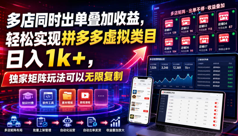 多店同时出单叠加收益，轻松实现拼多多虚拟类目日入1k+，独家矩阵玩法可以无限复制【揭秘】网络赚钱,项目资源网,副业资源网,兼职项目,网赚课程-副业赚钱-互联网创业-独家轻创IP大圣网创