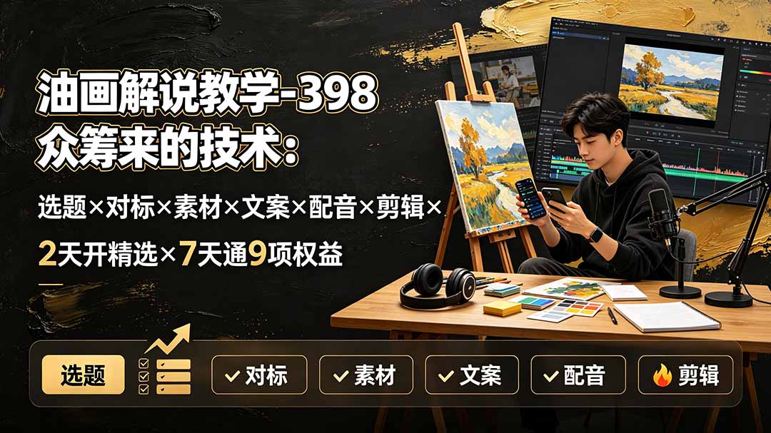 油画解说教学-398众筹来的技术：选题×对标×素材×文案×配音×剪辑×2天开精选×7天通9项权益网络赚钱,项目资源网,副业资源网,兼职项目,网赚课程-副业赚钱-互联网创业-独家轻创IP大圣网创