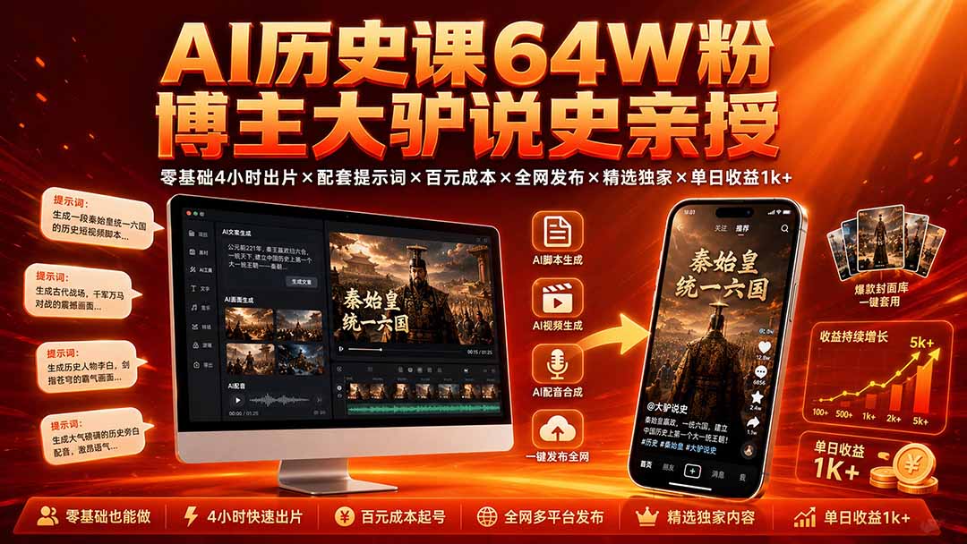 AI历史课64W粉博主大驴说史亲授:零基础4小时出片×配套提示词×百元成本×全网发布×精选独家×单日收益1k+网络赚钱,项目资源网,副业资源网,兼职项目,网赚课程-副业赚钱-互联网创业-独家轻创IP大圣网创