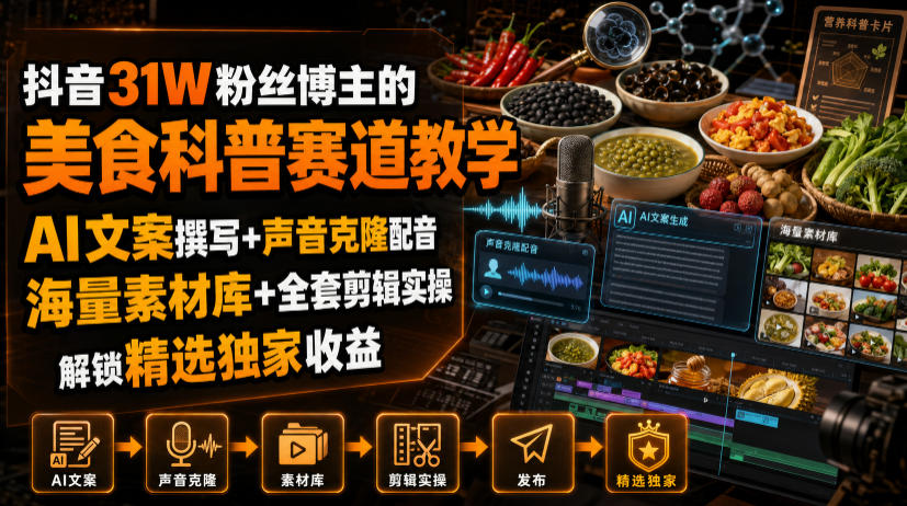 抖音31W粉丝博主的美食科普赛道教学，AI文案撰写+声音克隆配音+剪辑实操，解锁精选独家收益网络赚钱,项目资源网,副业资源网,兼职项目,网赚课程-副业赚钱-互联网创业-独家轻创IP大圣网创