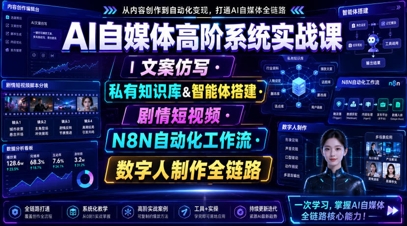 AI自媒体高阶系统实战课｜文案仿写・私有知识库&智能体搭建・剧情短视频・N8N自动化工作流・数字人制作全链路网络赚钱,项目资源网,副业资源网,兼职项目,网赚课程-副业赚钱-互联网创业-独家轻创IP大圣网创