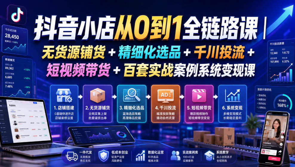抖音小店从0到1全链路课|无货源铺货+精细化选品+千川投流+短视频带货+百套实战案例系统变现课(2026年7月更新)网络赚钱,项目资源网,副业资源网,兼职项目,网赚课程-副业赚钱-互联网创业-独家轻创IP大圣网创