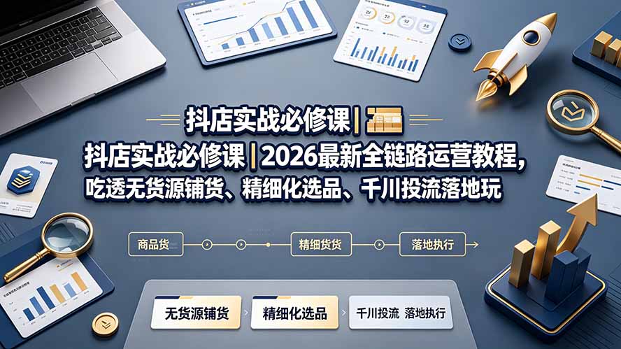 抖店实战必修课|2026最新全链路运营教程,吃透无货源铺货、精细化选品、千川投流落地玩法网络赚钱,项目资源网,副业资源网,兼职项目,网赚课程-副业赚钱-互联网创业-独家轻创IP大圣网创