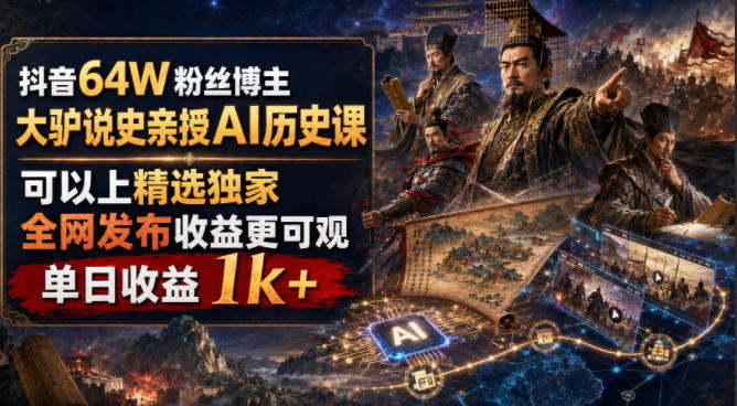 抖音64W粉丝博主大驴说史亲授AI历史课，可以上精选独家，全网发布收益更可观，单日收益1k+网络赚钱,项目资源网,副业资源网,兼职项目,网赚课程-副业赚钱-互联网创业-独家轻创IP大圣网创