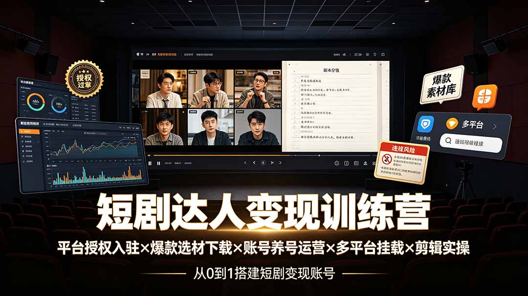短剧达人变现训练营：平台授权入驻×爆款选材下载×账号养号运营×多平台挂载×剪辑实操×违规处理全流程网络赚钱,项目资源网,副业资源网,兼职项目,网赚课程-副业赚钱-互联网创业-独家轻创IP大圣网创