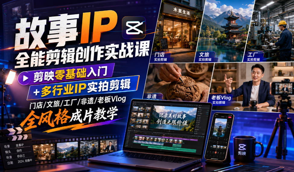 故事IP全能剪辑创作实战课|剪映零基础入门+多行业IP实拍剪辑,门店/文旅/工厂/非遗/老板Vlog全风格成片教学网络赚钱,项目资源网,副业资源网,兼职项目,网赚课程-副业赚钱-互联网创业-独家轻创IP大圣网创