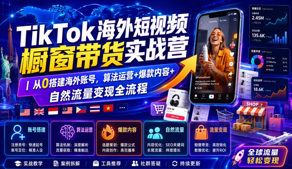 TikTok海外短视频橱窗带货实战营｜从0搭建海外账号，算法运营+爆款内容+自然流量变现全流程网络赚钱,项目资源网,副业资源网,兼职项目,网赚课程-副业赚钱-互联网创业-独家轻创IP大圣网创