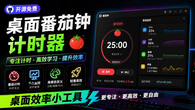仅1.16MB，开源极简的桌面时钟、番茄钟计时器，还支持系统监控显示，桌面效率小工具Catime网络赚钱,项目资源网,副业资源网,兼职项目,网赚课程-副业赚钱-互联网创业-独家轻创IP大圣网创
