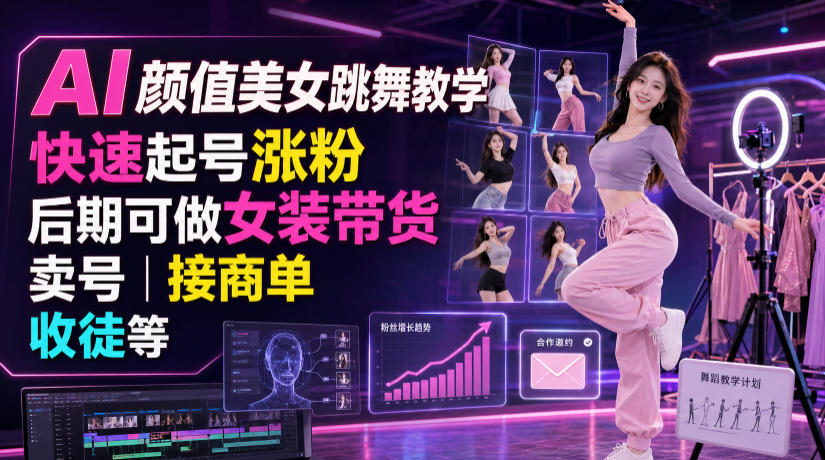 AI颜值美女跳舞教学,快速起号涨粉,后期可做女装带货,卖号,接商单,收徒等网络赚钱,项目资源网,副业资源网,兼职项目,网赚课程-副业赚钱-互联网创业-独家轻创IP大圣网创