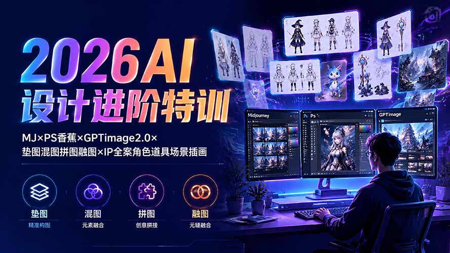 2026AI设计进阶特训:MJ×PS香蕉×GPTimage2.0×垫图混图拼图融图×IP全案角色道具场景插画网络赚钱,项目资源网,副业资源网,兼职项目,网赚课程-副业赚钱-互联网创业-独家轻创IP大圣网创