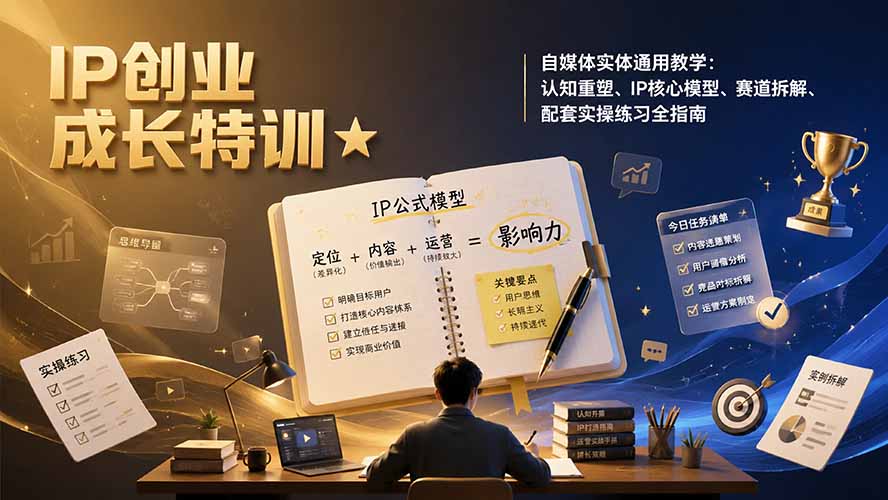 IP创业成长特训★自媒体实体通用教学:认知重塑、IP核心模型、赛道拆解、配套实操练习全指南网络赚钱,项目资源网,副业资源网,兼职项目,网赚课程-副业赚钱-互联网创业-独家轻创IP大圣网创