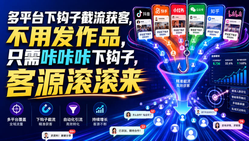 多平台下钩子截流获客,不用发作品,只需咔咔咔下钩子,客源滚滚来网络赚钱,项目资源网,副业资源网,兼职项目,网赚课程-副业赚钱-互联网创业-独家轻创IP大圣网创