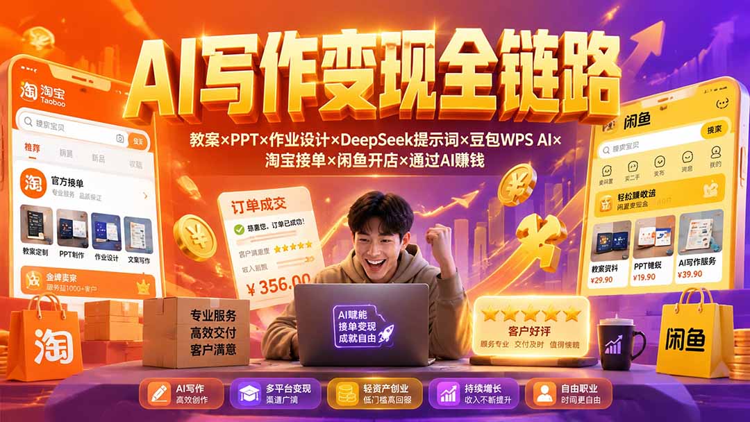 2026AI写作变现全链路:教案×PPT×作业设计×DeepSeek提示词×豆包WPS AI×淘宝接单×闲鱼开店×通过AI賺钱网络赚钱,项目资源网,副业资源网,兼职项目,网赚课程-副业赚钱-互联网创业-独家轻创IP大圣网创