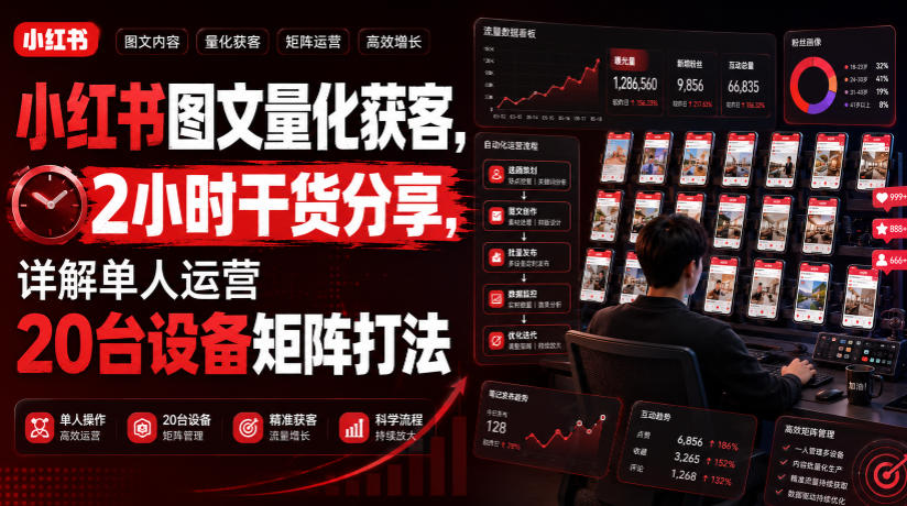 小红书图文量化获客,2小时干货分享,详解单人运营20台设备矩阵打法网络赚钱,项目资源网,副业资源网,兼职项目,网赚课程-副业赚钱-互联网创业-独家轻创IP大圣网创