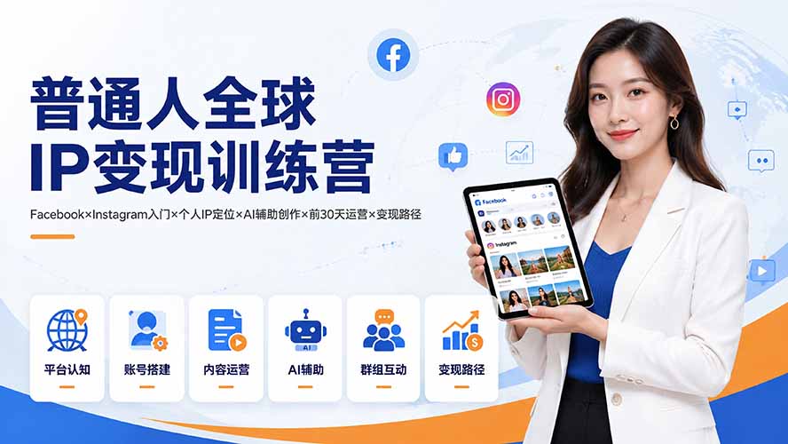 普通人全球IP变现训练营：Facebook×Instagram入门×个人IP定位×AI辅助创作×前30天运营×变现路径网络赚钱,项目资源网,副业资源网,兼职项目,网赚课程-副业赚钱-互联网创业-独家轻创IP大圣网创