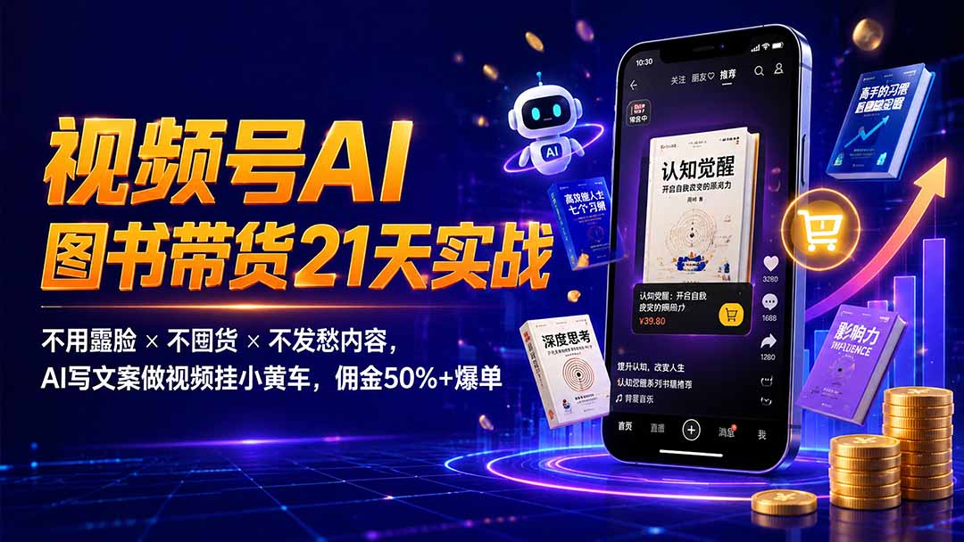 繁花视频号AI图书带货21天实战:不用露脸×不囤货×不发愁内容,AI写文案做视频挂小黄车,佣金50%+爆单网络赚钱,项目资源网,副业资源网,兼职项目,网赚课程-副业赚钱-互联网创业-独家轻创IP大圣网创