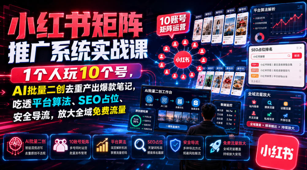 小红书矩阵推广系统实战课｜1个人玩10个号，AI批量二创去重产出爆款笔记，吃透平台算法、SEO占位、安全导流，放大全域免费流量网络赚钱,项目资源网,副业资源网,兼职项目,网赚课程-副业赚钱-互联网创业-独家轻创IP大圣网创