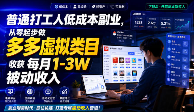 普通打工人低成本副业，从零起步做多多虚拟类目，收获每月1-3W被动收入【揭秘】网络赚钱,项目资源网,副业资源网,兼职项目,网赚课程-副业赚钱-互联网创业-独家轻创IP大圣网创
