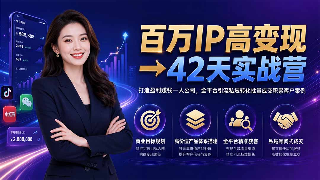 百万IP高变现→42天实战营｜打造盈利赚钱一人公司，全平台引流私域转化批量成交积累客户案例网络赚钱,项目资源网,副业资源网,兼职项目,网赚课程-副业赚钱-互联网创业-独家轻创IP大圣网创