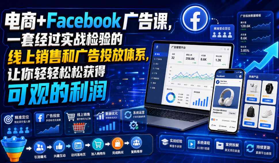 电商+Facebook广告课，一套经过实战检验的线上销售和广告投放体系，让你轻轻松松获得可观的利润【原创双语字幕】网络赚钱,项目资源网,副业资源网,兼职项目,网赚课程-副业赚钱-互联网创业-独家轻创IP大圣网创