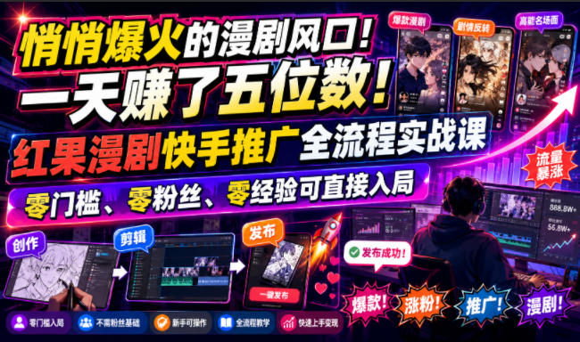 悄悄爆火的漫剧风口！一天賺了五位数！红果漫剧快手推广全流程实战课，零门槛、零粉丝、零经验可直接入局网络赚钱,项目资源网,副业资源网,兼职项目,网赚课程-副业赚钱-互联网创业-独家轻创IP大圣网创