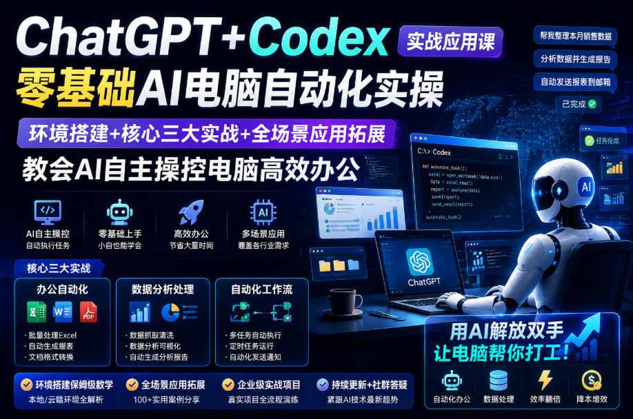 ChatGPT+Codex实战应用课｜零基础AI电脑自动化实操，环境搭建+核心三大实战+全场景应用拓展，教会AI自主操控电脑高效办公网络赚钱,项目资源网,副业资源网,兼职项目,网赚课程-副业赚钱-互联网创业-独家轻创IP大圣网创