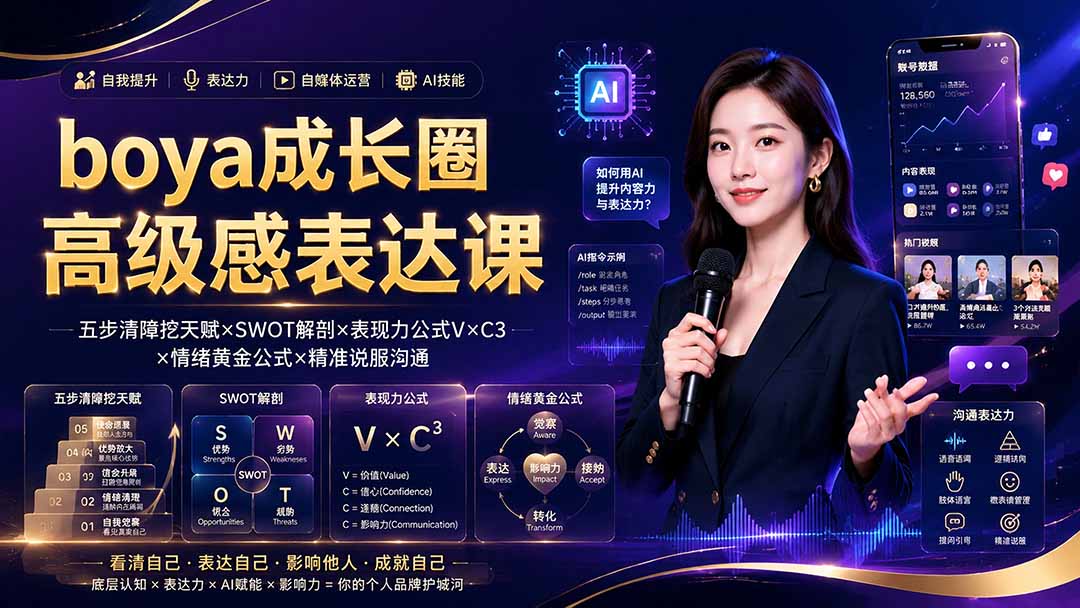 boya成长圈｜内心成长高级表达AI自媒体三合一，消解内耗挖掘天赋，镜头沟通AI指令短视频全流程教学网络赚钱,项目资源网,副业资源网,兼职项目,网赚课程-副业赚钱-互联网创业-独家轻创IP大圣网创