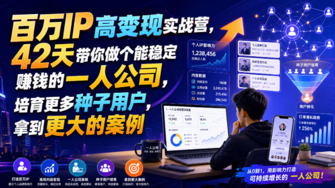 百万IP高变现实战营，42天带你做个能稳定賺钱的一人公司，培育更多种子用户，拿到更大的案例网络赚钱,项目资源网,副业资源网,兼职项目,网赚课程-副业赚钱-互联网创业-独家轻创IP大圣网创