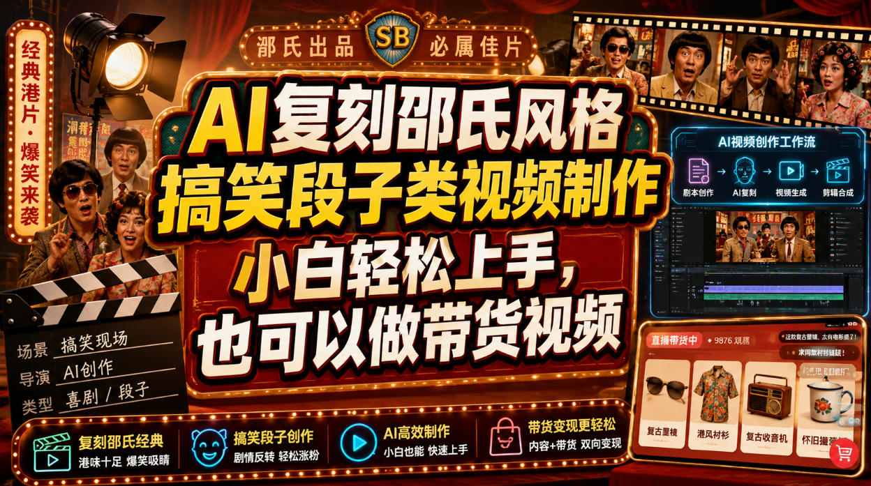 AI复刻邵氏风格搞笑段子类视频制作，小白轻松上手，也可以做带货视频网络赚钱,项目资源网,副业资源网,兼职项目,网赚课程-副业赚钱-互联网创业-独家轻创IP大圣网创