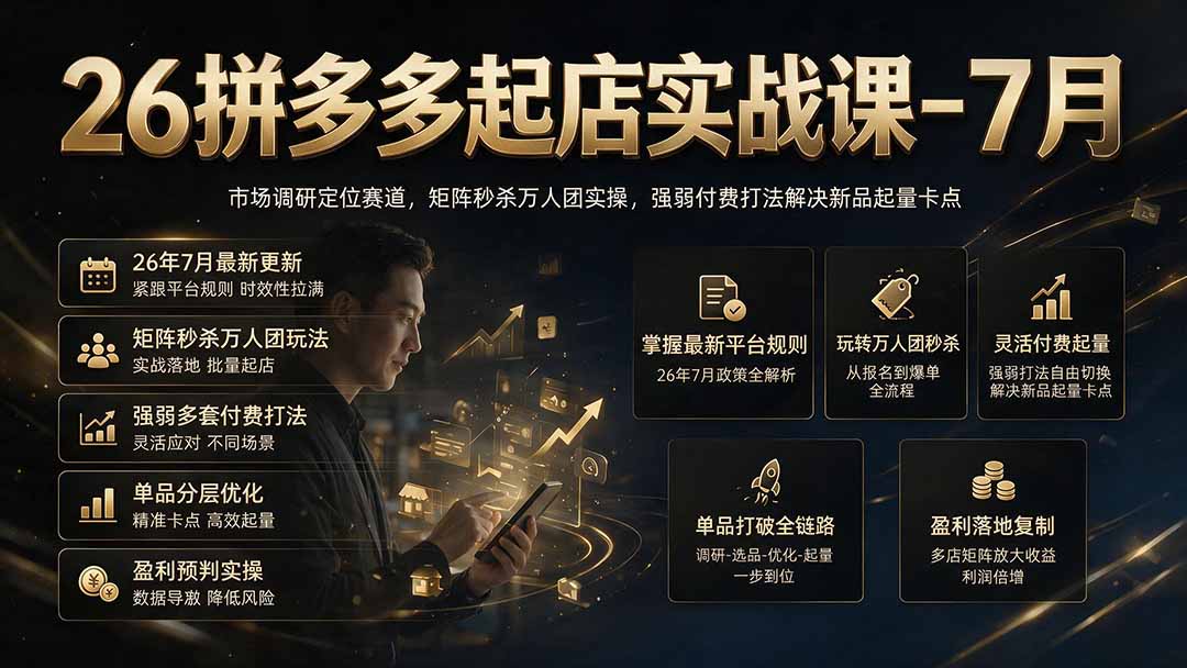 26拼多多起店实战课-7月｜市场调研定位赛道，矩阵秒杀万人团实操，强弱付费打法解决新品起量卡点网络赚钱,项目资源网,副业资源网,兼职项目,网赚课程-副业赚钱-互联网创业-独家轻创IP大圣网创