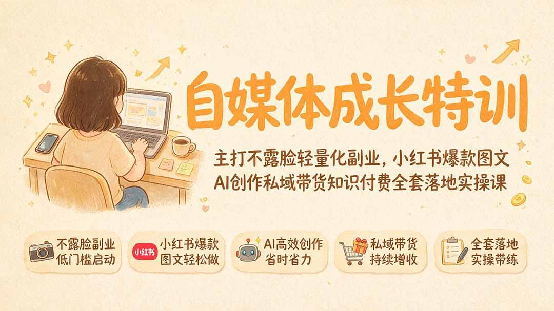 自媒体成长特训｜主打不露脸轻量化副业，小红书爆款图文AI创作私域带货知识付费全套落地实操课网络赚钱,项目资源网,副业资源网,兼职项目,网赚课程-副业赚钱-互联网创业-独家轻创IP大圣网创