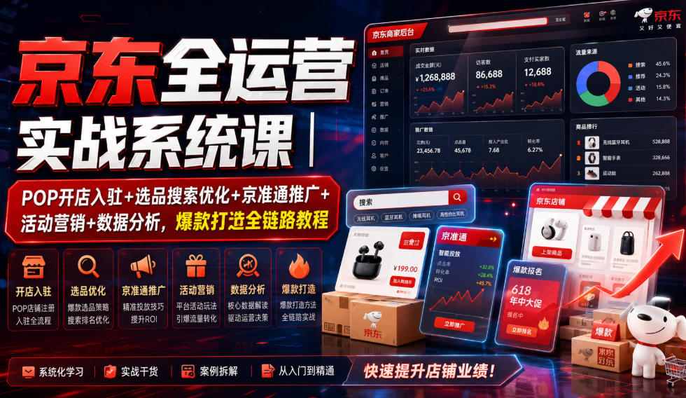 京东全运营实战系统课｜POP开店入驻+选品搜索优化+京准通推广+活动营销+数据分析，爆款打造全链路教程网络赚钱,项目资源网,副业资源网,兼职项目,网赚课程-副业赚钱-互联网创业-独家轻创IP大圣网创