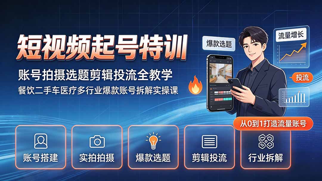 短视频起号特训｜账号拍摄选题剪辑投流全教学，餐饮二手车医疗多行业爆款账号拆解实操课网络赚钱,项目资源网,副业资源网,兼职项目,网赚课程-副业赚钱-互联网创业-独家轻创IP大圣网创