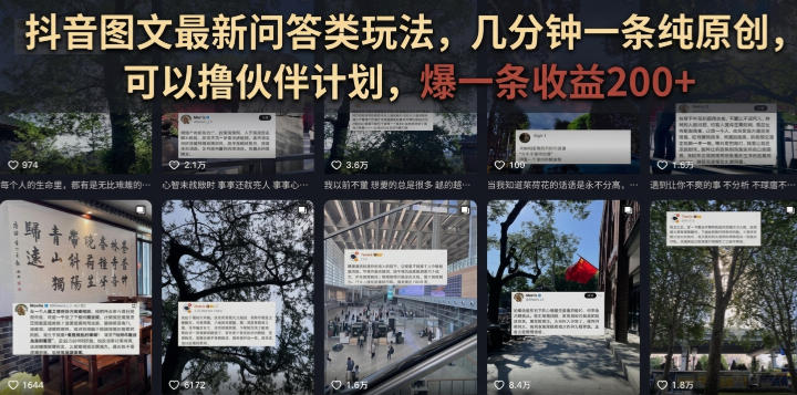 抖音图文最新问答类玩法，几分钟一条纯原创，可以撸伙伴计划，爆一条收益200+网络赚钱,项目资源网,副业资源网,兼职项目,网赚课程-副业赚钱-互联网创业-独家轻创IP大圣网创
