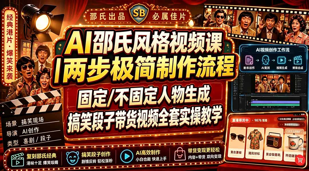 AI邵氏风格视频课｜两步极简制作流程，固定/不固定人物生成，搞笑段子带货视频全套实操教学网络赚钱,项目资源网,副业资源网,兼职项目,网赚课程-副业赚钱-互联网创业-独家轻创IP大圣网创