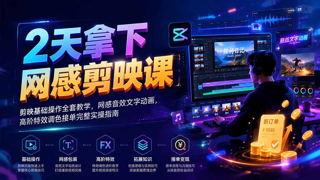2天拿下网感剪辑课｜剪映基础操作全套教学，网感音效文字动画，高阶特效调色接单完整实操指南网络赚钱,项目资源网,副业资源网,兼职项目,网赚课程-副业赚钱-互联网创业-独家轻创IP大圣网创